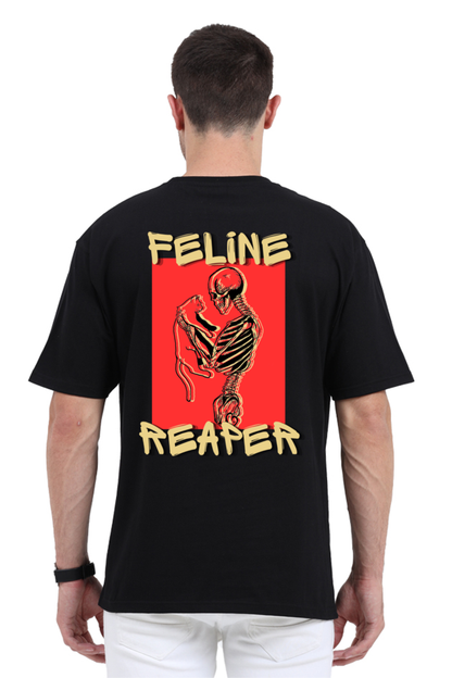 Feline Reaper: Mysterious Skull & Cat Design Oversized Tee