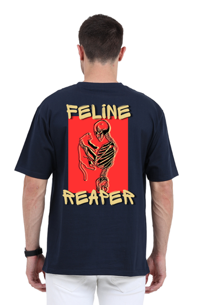 Feline Reaper: Mysterious Skull & Cat Design Oversized Tee